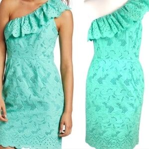 Eliza J Teal One Shoulder Ruffled Eyelet Sheath Midi Dress With Pockets, Size 6